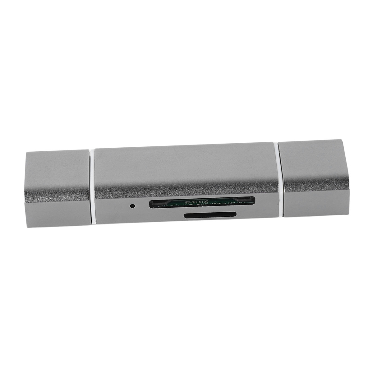Ein silbernes USB-Gerät mit Kartenleser-Slot auf weißem Hintergrund.