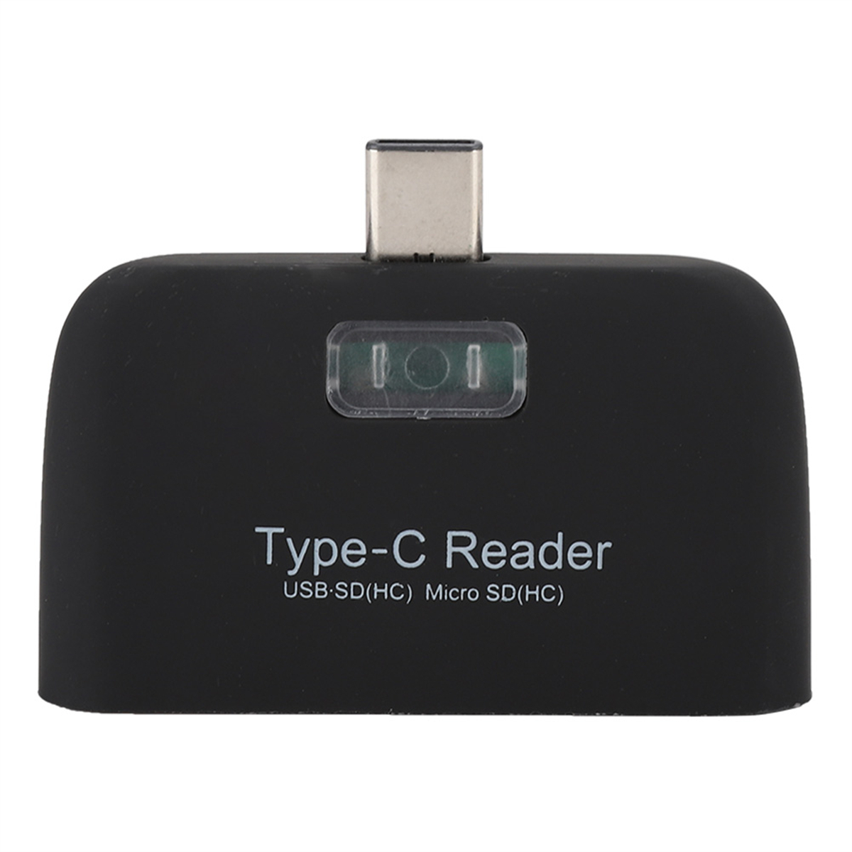 Schwarzer Typ-C-Leser mit transparentem Knopf. USB-SD(HC) und Micro SD(HC) sind darauf geschrieben.