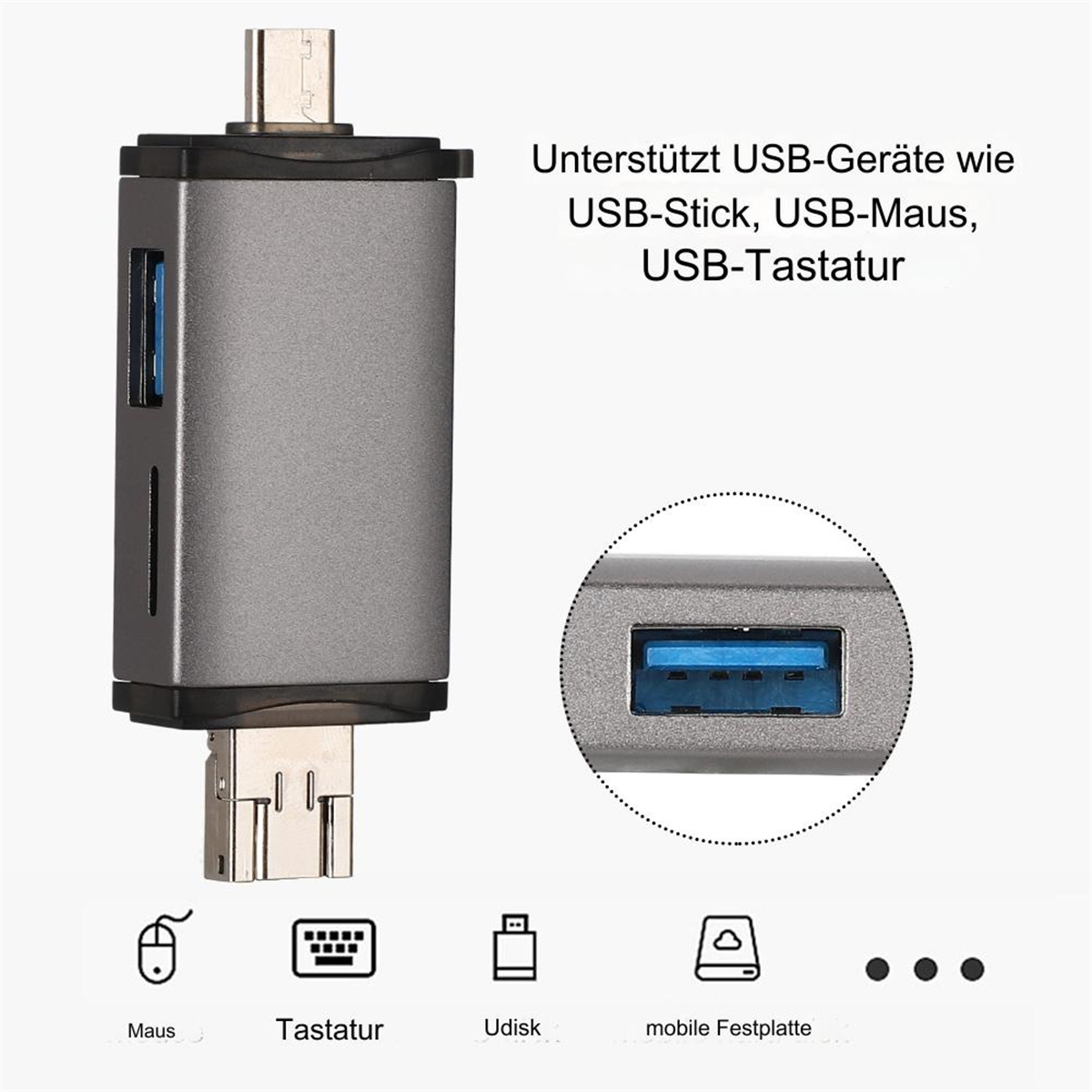 Silberner USB-Adapter mit USB-C- und USB-Anschlüssen. Text auf Deutsch zeigt unterstützte Geräte: Maus, Tastatur und Udisk.