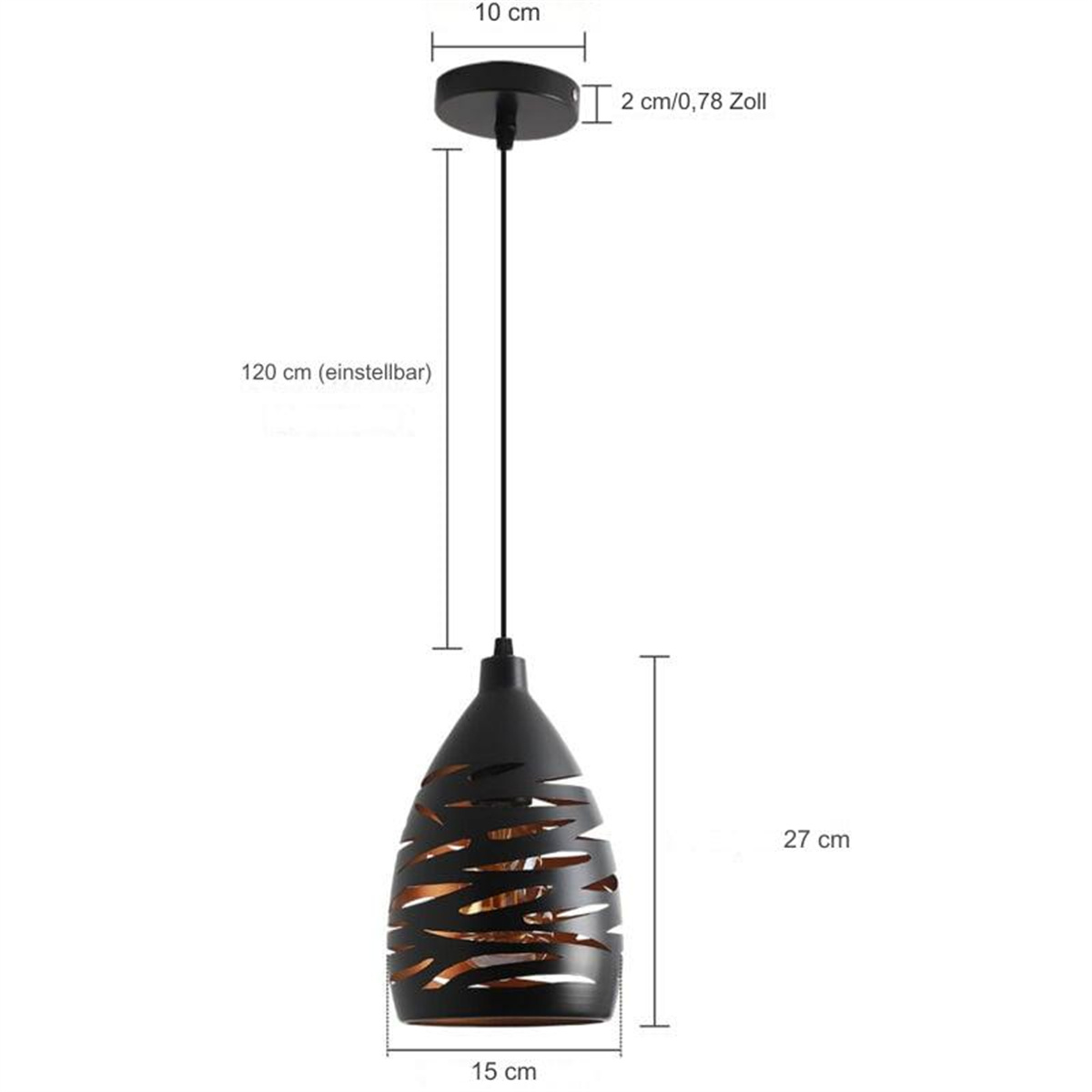 Schwarze Pendelleuchte mit dekorativem Schirm und beschrifteten Maßen.