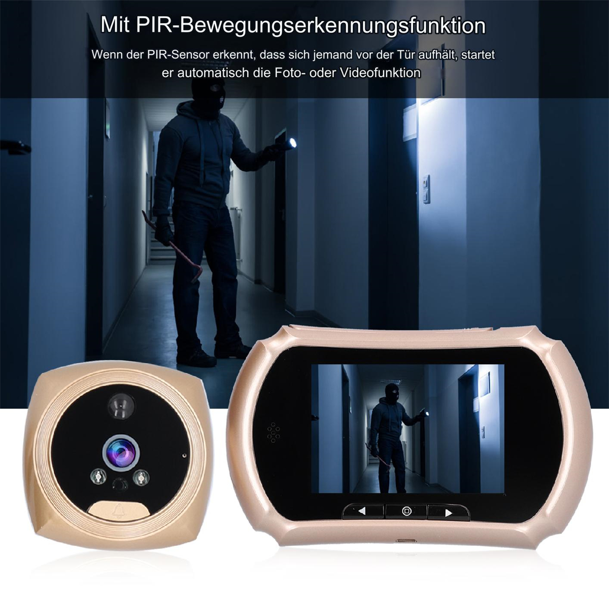 Türspion mit Bildschirm und Kamera. Eine Person mit Taschenlampe ist im Flur zu sehen.