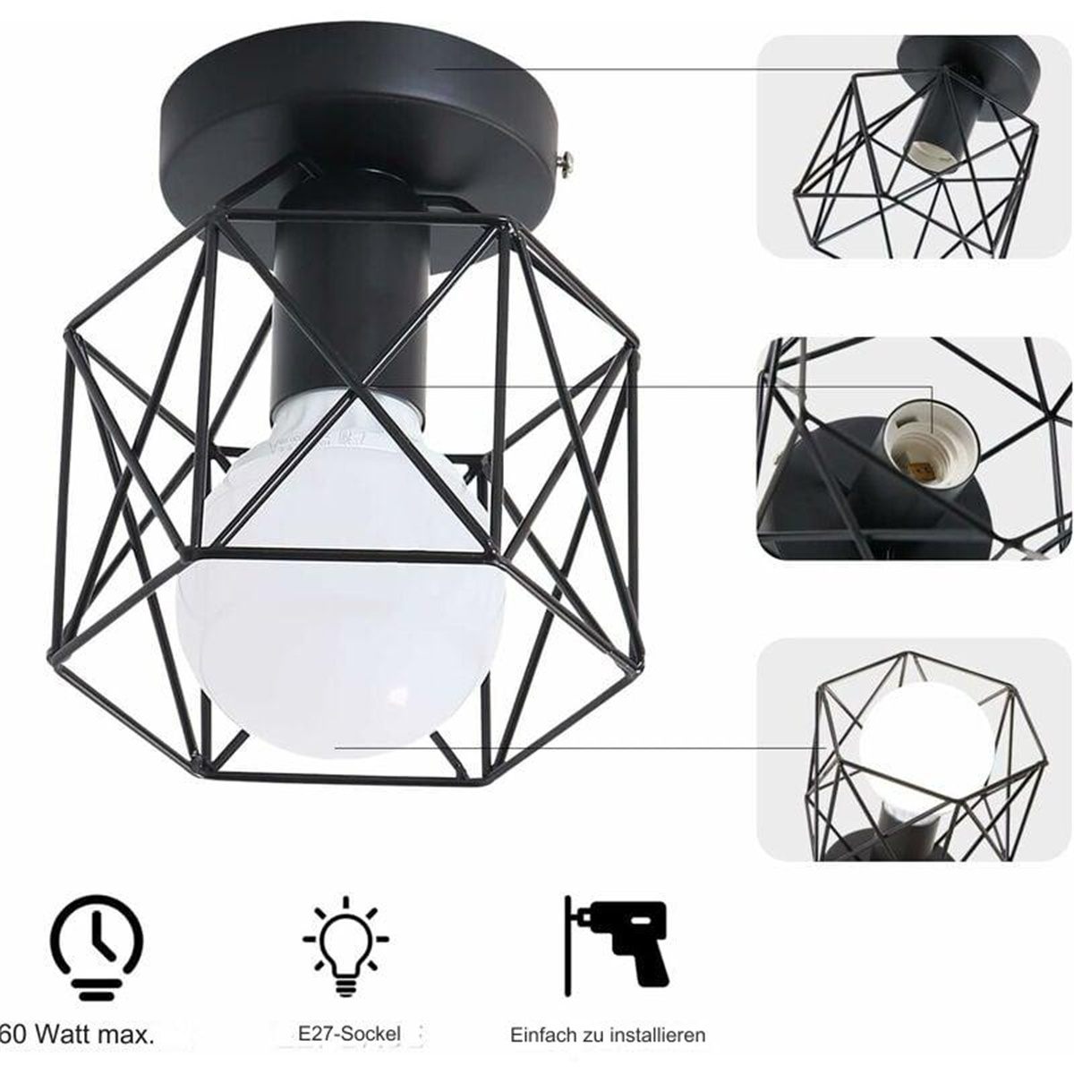 Eine schwarze Deckenlampe mit geometrischem Käfig und weißer Glühbirne.