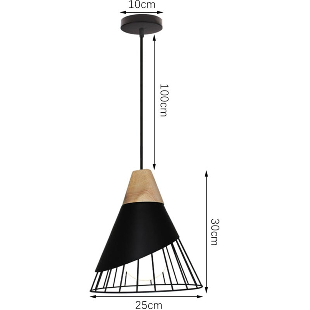 Schwarz-Holz-Pendelleuchte. Schwarzer Kegel mit Drahtrahmen. Maße: 100cm, 25cm und 30cm.