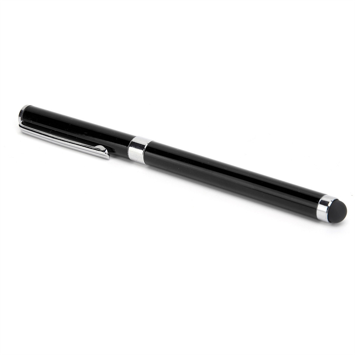 Schwarzer Stylus-Stift mit silbernen Akzenten. Er hat eine silberne Spitze für Touchscreens.