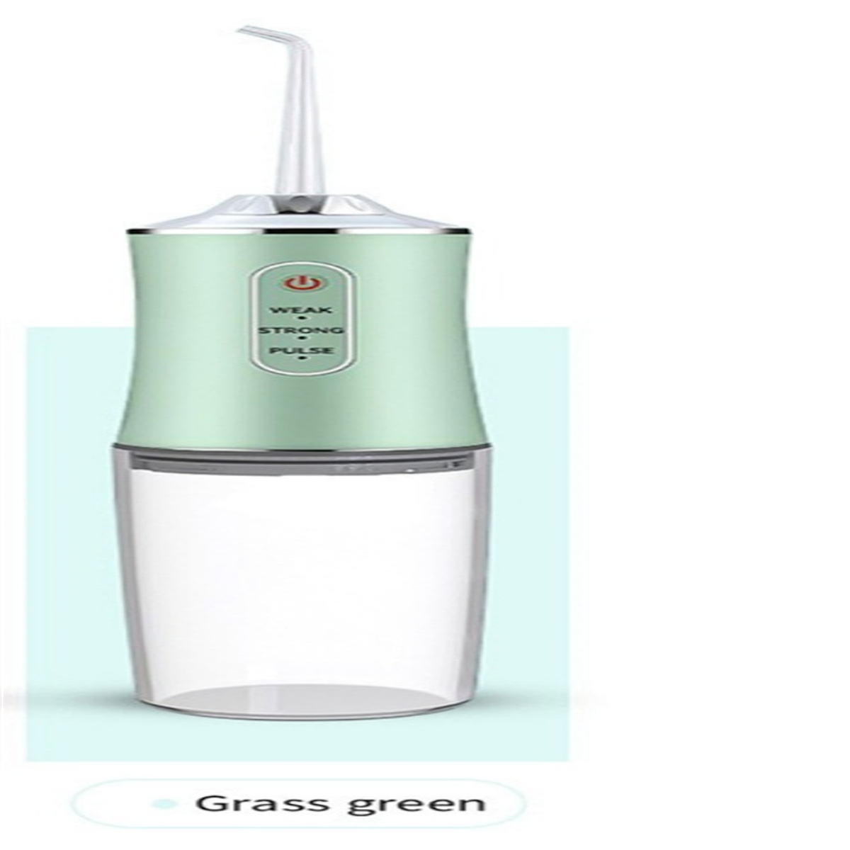 Ein grüner und weißer Munddusche mit Wassertank und Düse.