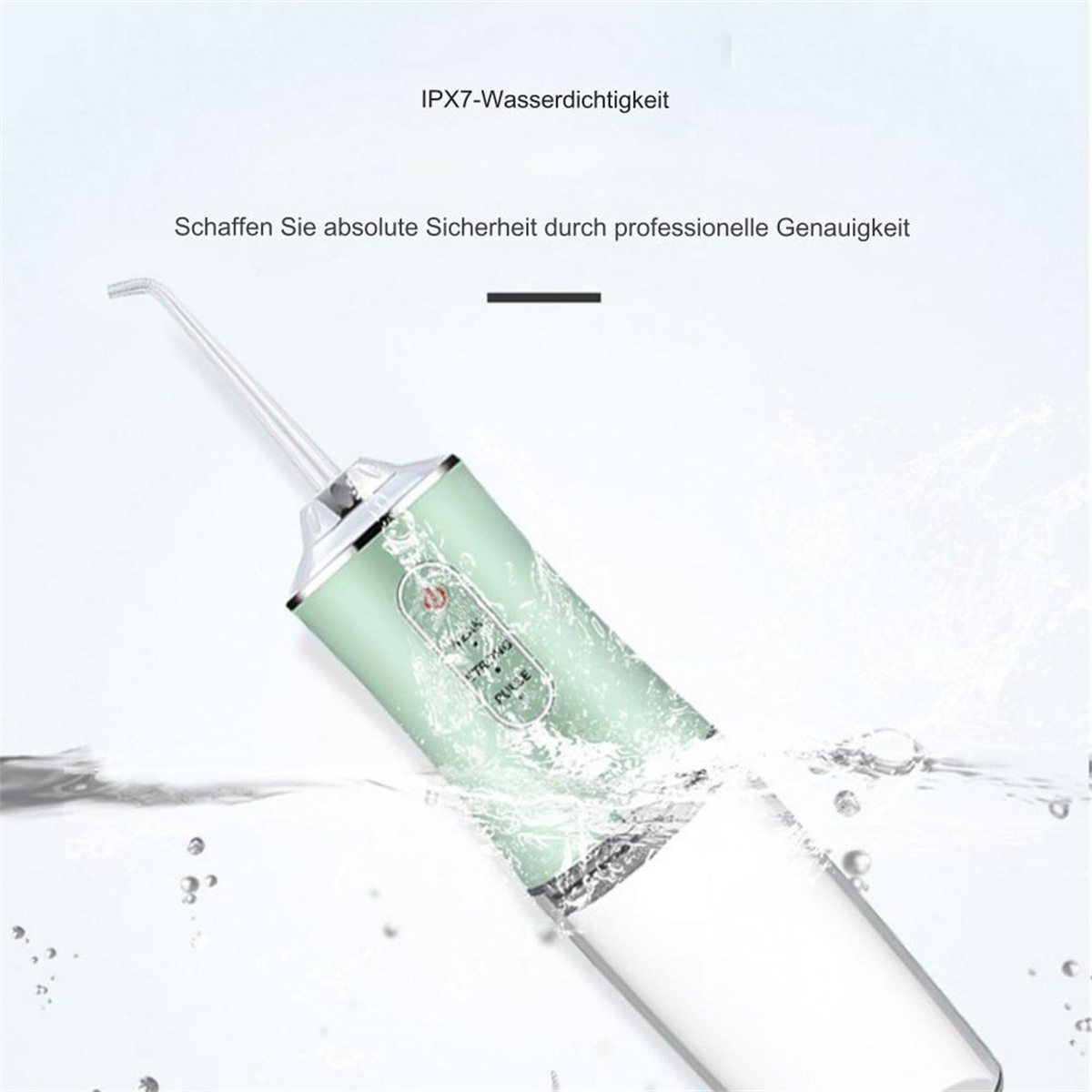 Ein grüner und weißer Wasserflosser, der Wasser sprüht. Text oben: 'IPX7-wasserdicht'.