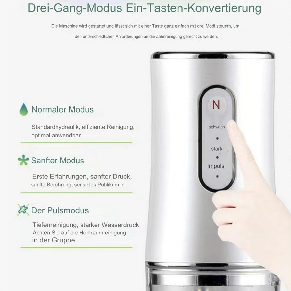 Ein weißes und silbernes Gerät mit drei Modusoptionen, gesteuert von einem Finger.