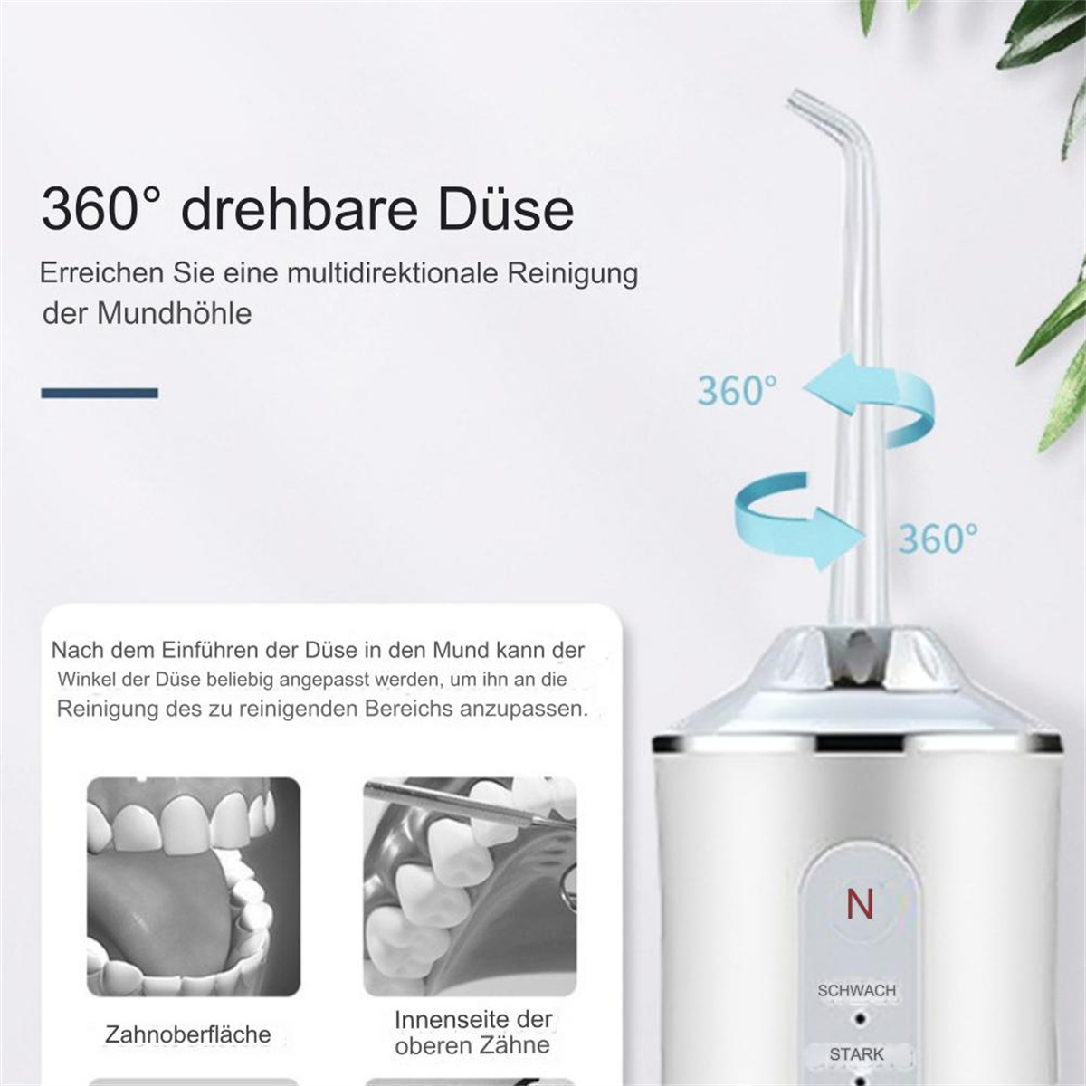 Ein weißer Zahnseidenreiniger mit 360-Grad-Drehdüse und Zahndiagrammen.