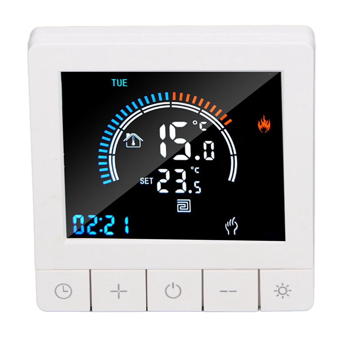 Weißes Thermostat mit digitaler Anzeige, die Temperatur, Zeit und Einstellungen zeigt.
