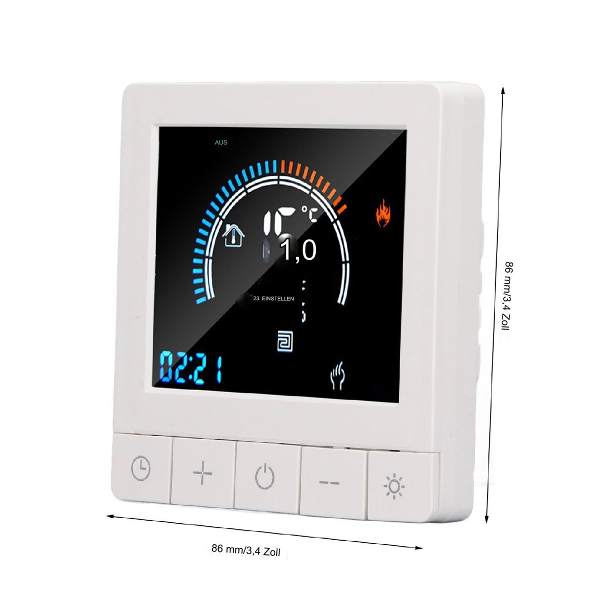 Weißer quadratischer Thermostat mit Display. Zeigt Temperatur, Zeit, Einstellungen und Tasten. Hat Abmessungen.