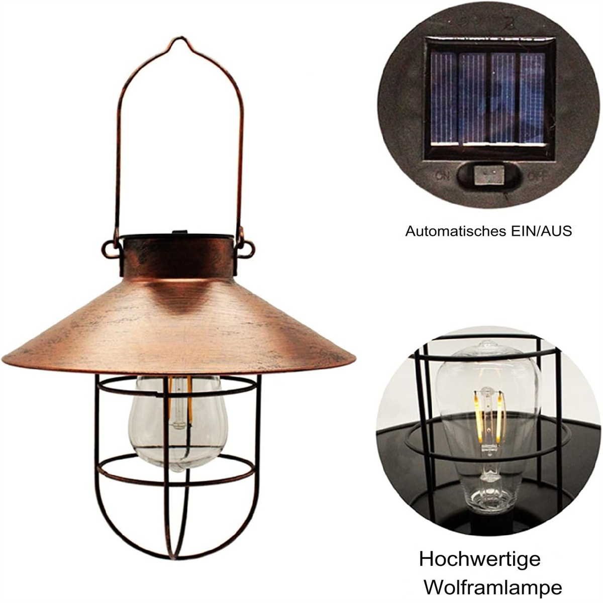 Kupferfarbene Außenlampe mit Käfig um die Glühbirne. Oben befindet sich ein Solarpanel. Text ist deutsch.