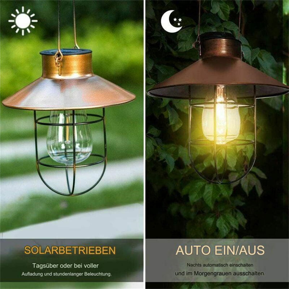 Solarbetriebene Laterne mit goldenem Deckel und schwarzem Käfig, nachts mit Mondsymbol und Sonnensymbol beleuchtet.