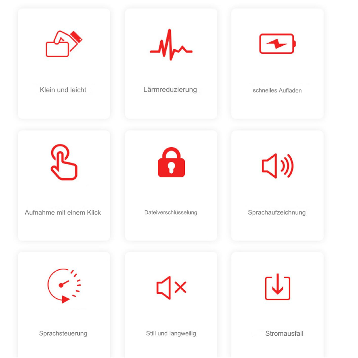 Neun Symbole auf weißen Quadraten. Sie repräsentieren verschiedene Funktionen.