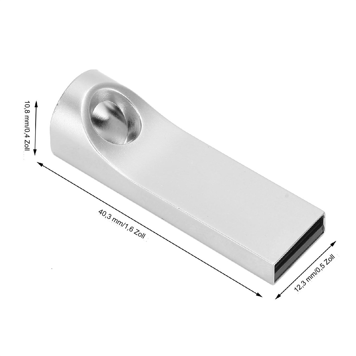 Silberner USB-Stick mit Größenangaben.