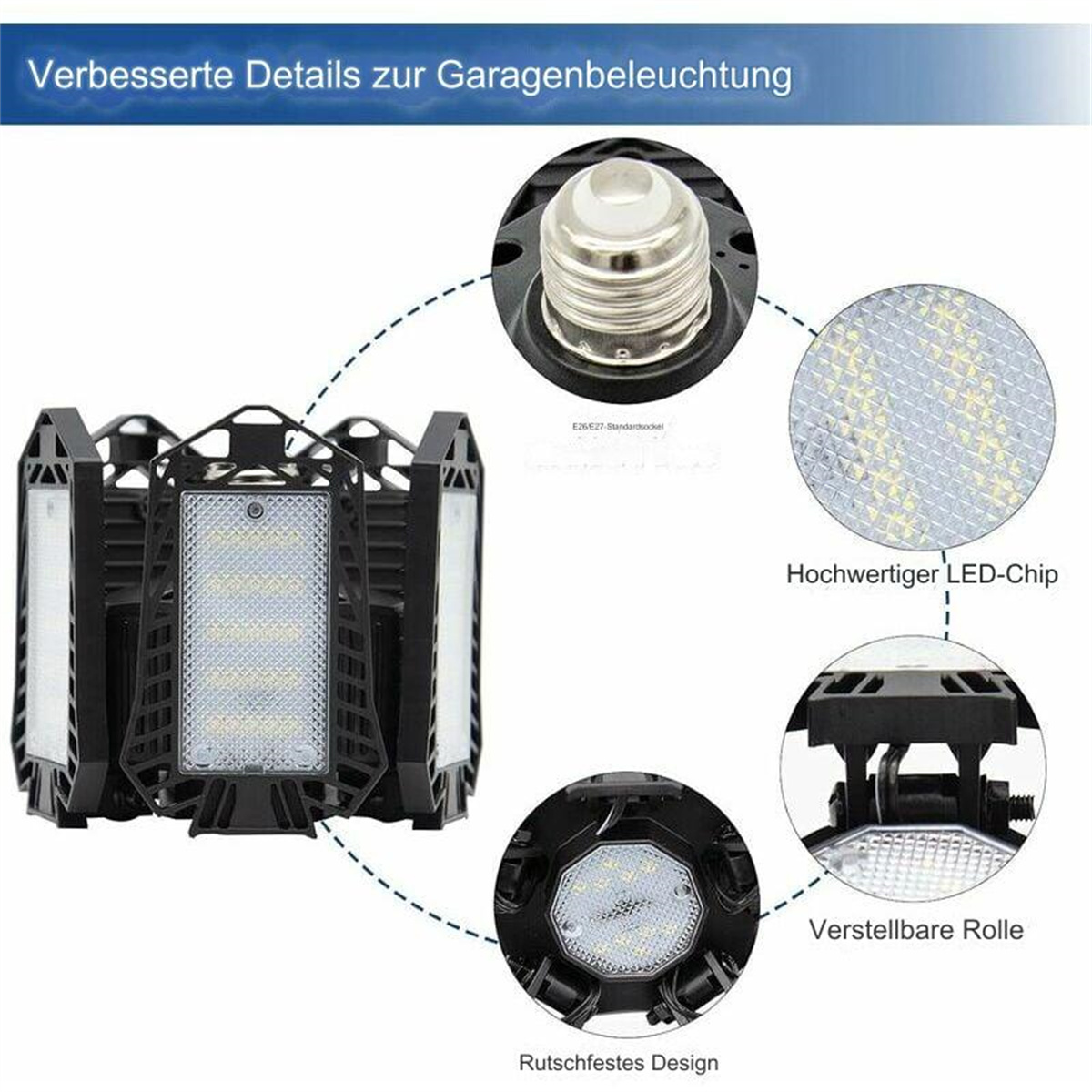 Diagramm einer Garagenleuchte. Zeigt Teile, einschließlich LED-Chip und verstellbare Rolle.
