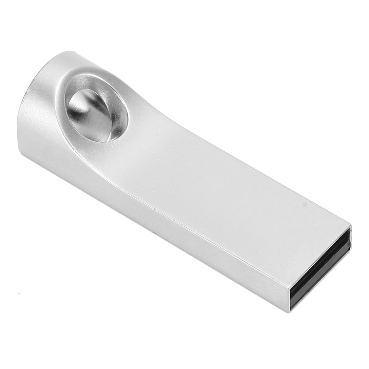 Silberner USB-Stick. Er hat ein Loch für ein Schlüsselband und einen schwarzen USB-Anschluss.