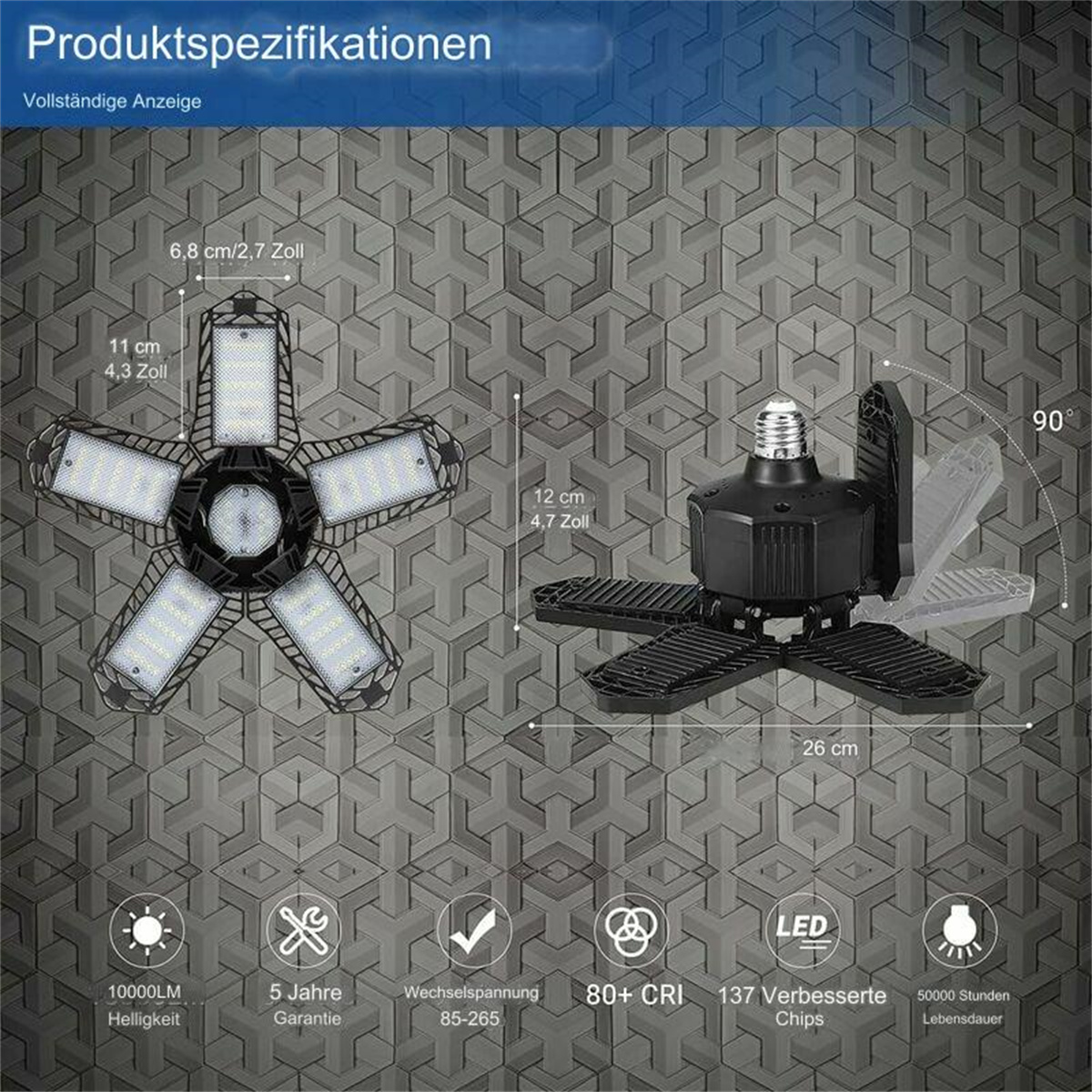 Eine schwarze Lampe mit verstellbaren Armen, Text: 10000LM, 5 Jahre Garantie, LED.