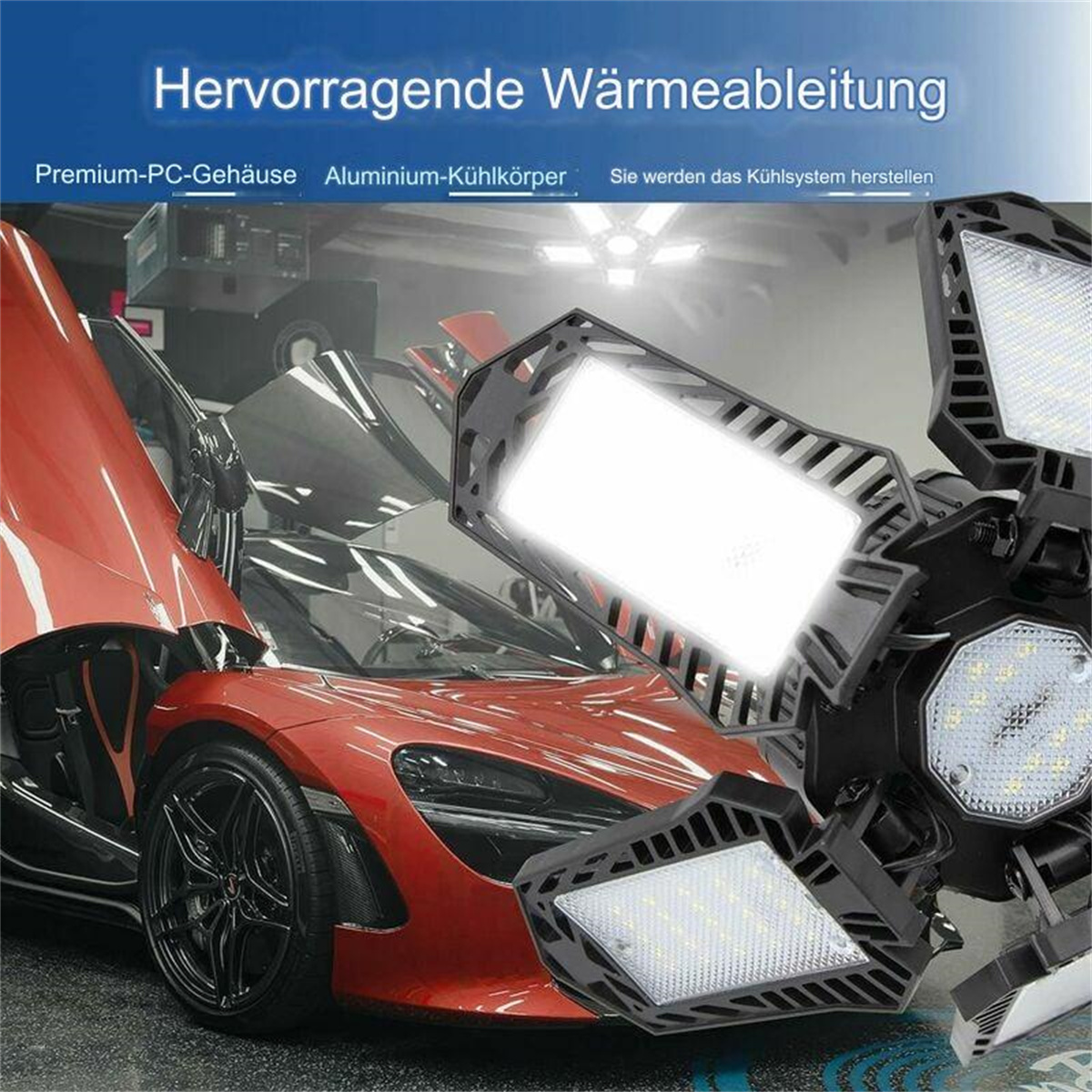 LED-Leuchten vor einem roten Auto. Text sagt "Hervorragende Wärmeableitung" auf Deutsch.