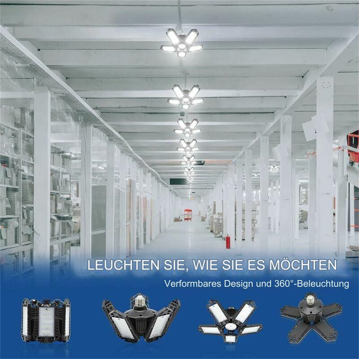 Lagerhalle mit LED-Leuchten an der Decke und mehreren Lichtdesigns am Boden, weißer Hintergrund.