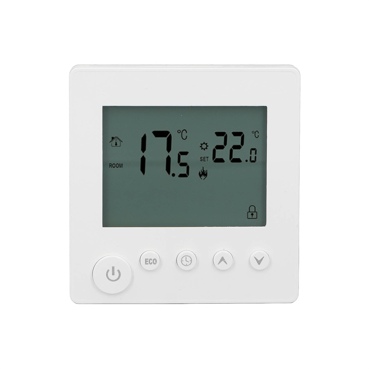 Ein weißer Thermostat mit digitaler Anzeige, die die Raumtemperatur und eine eingestellte Temperatur zeigt.