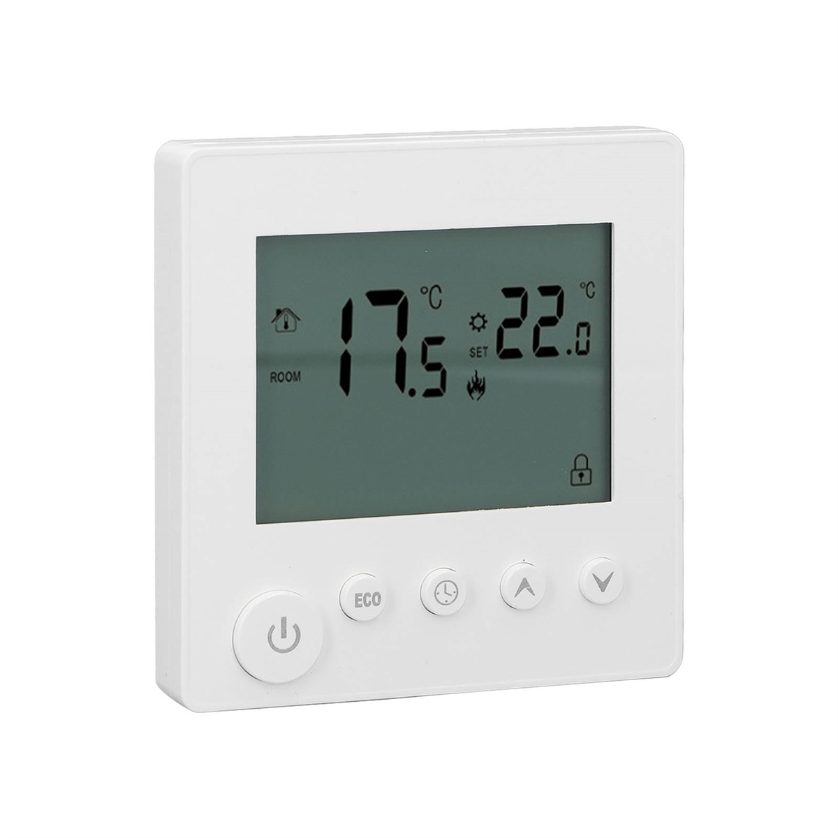 Weißer Thermostat mit Digitalanzeige, die Raum- und Solltemperatur anzeigt.
