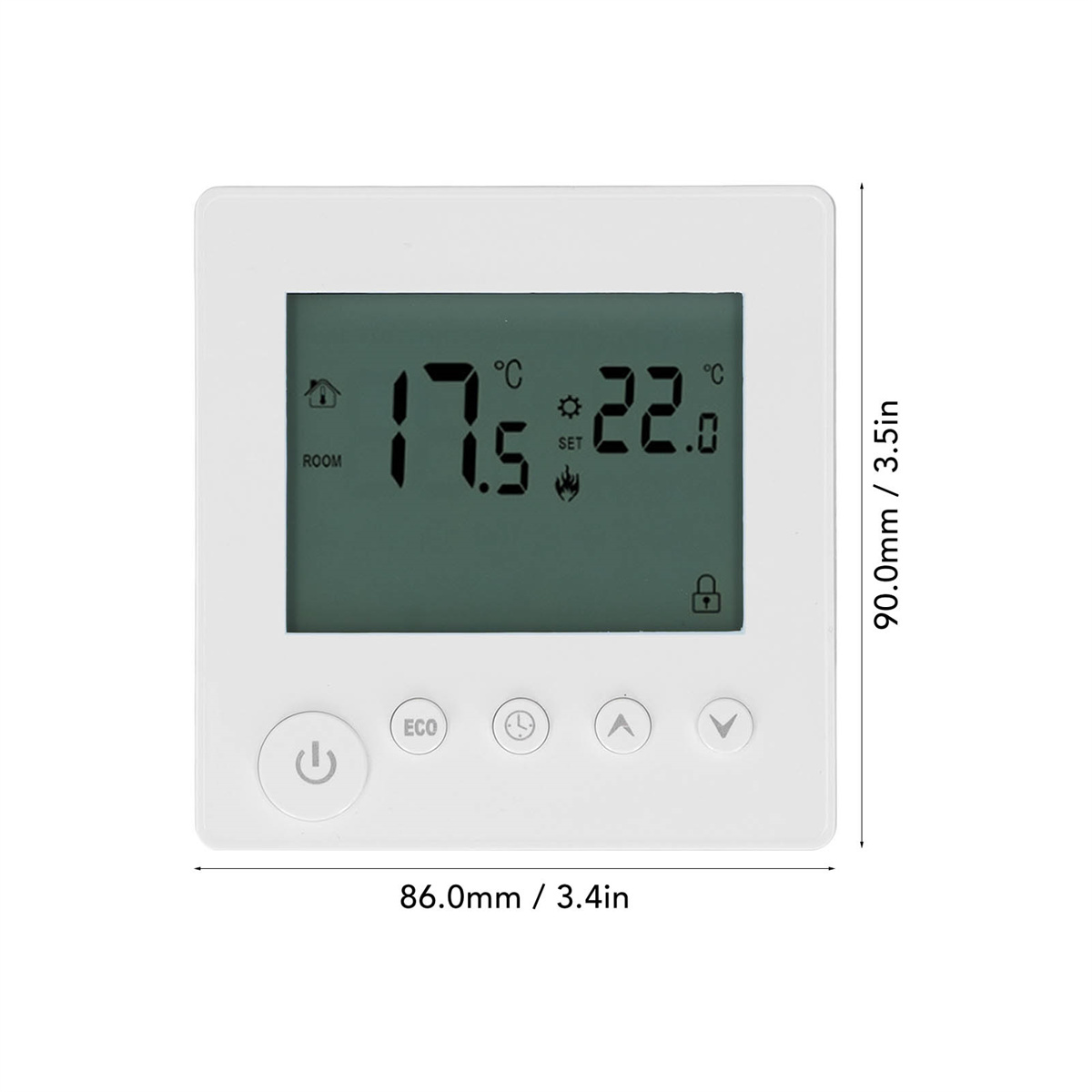 Weißer Thermostat mit Temperaturanzeige und Bedientasten. Maße sind angegeben.