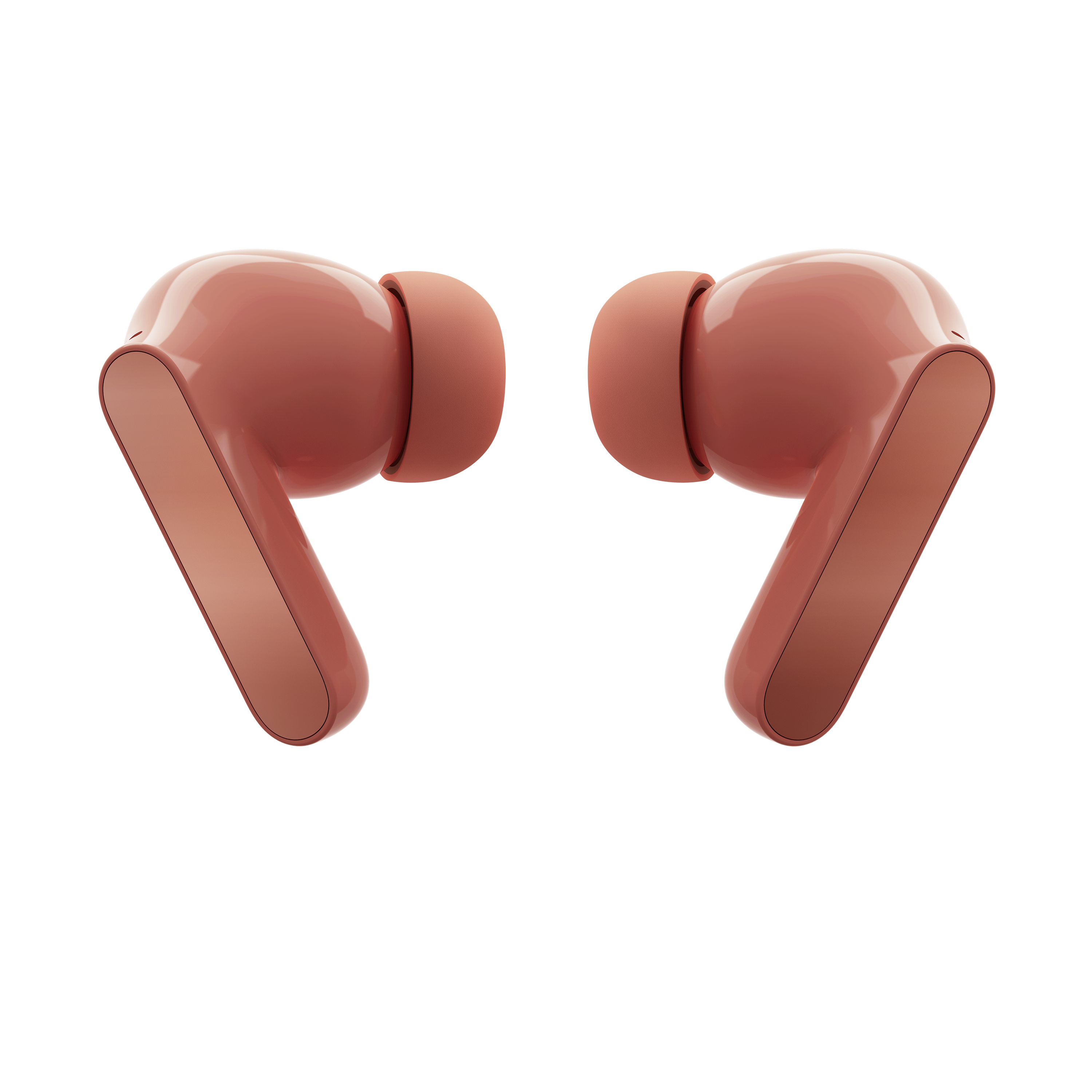 Para czerwono-pomarańczowych słuchawek bezprzewodowych na czarnym tle.