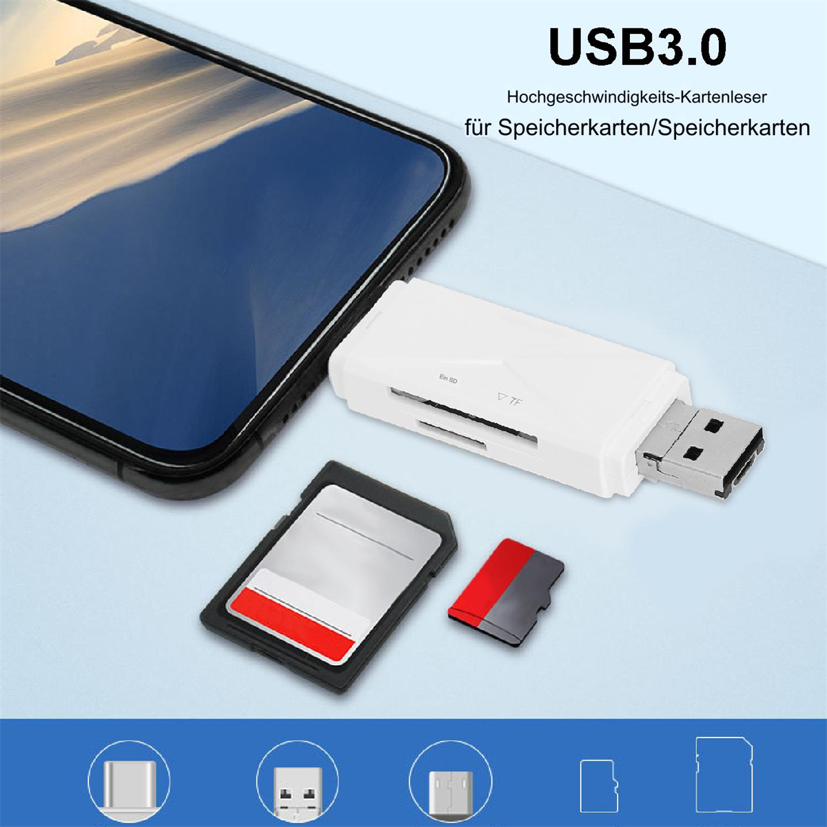 Ein weißer USB 3.0 Kartenleser mit Karten und einem Telefon. Text sagt 'Hochgeschwindigkeits'.