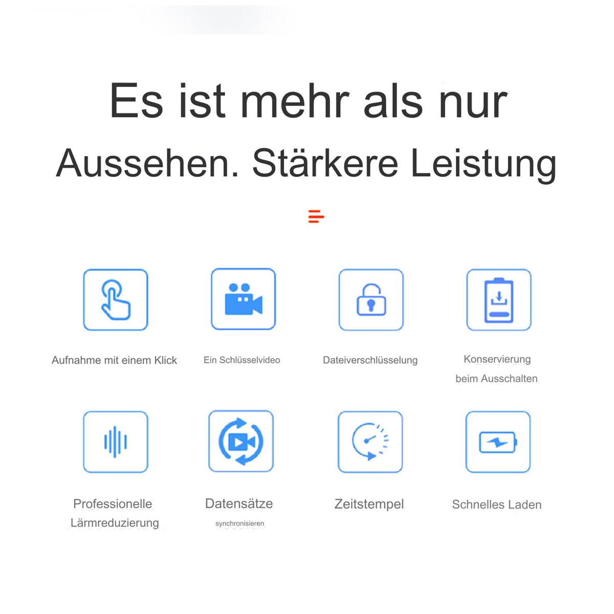 Symbole, die Funktionen wie Videoaufzeichnung und Dateiverschlüsselung zeigen.