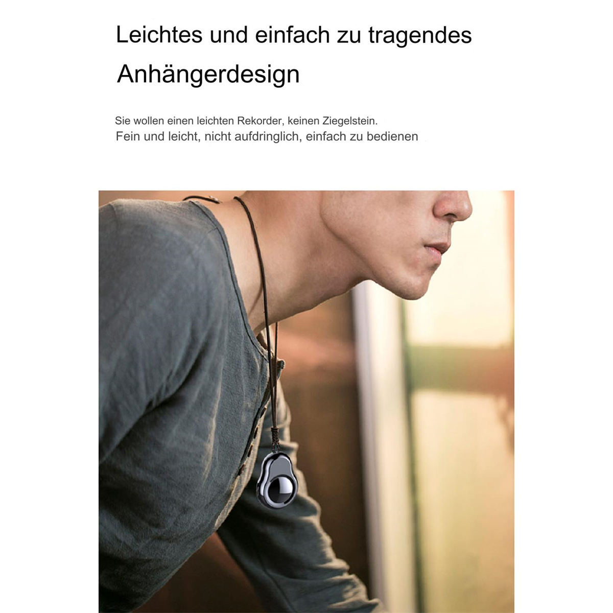 Mann mit Anhänger. Text auf Deutsch: 'Leichtes und einfach zu tragendes Anhängerdesign'.
