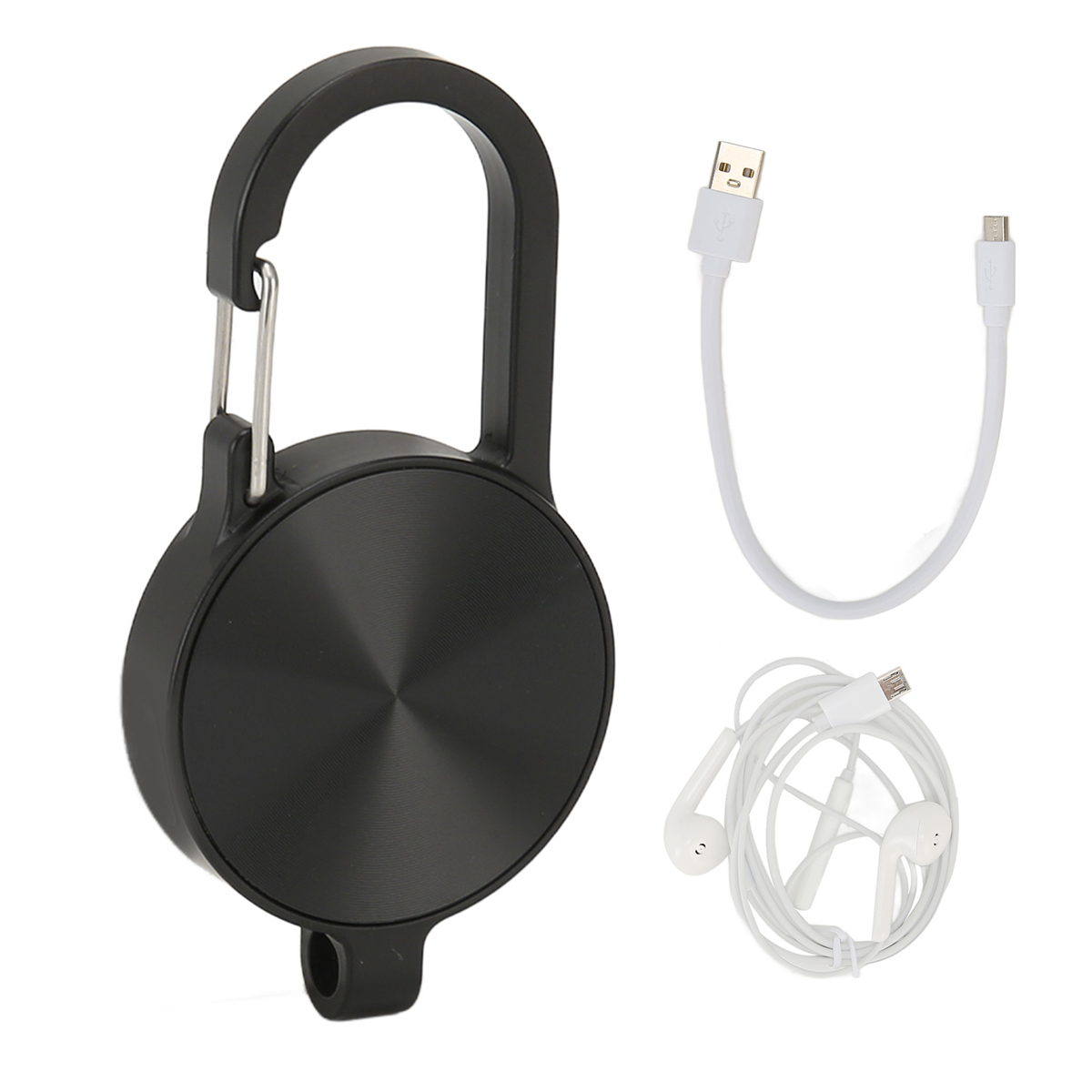 Schwarzer, einziehbarer Telefonhalter mit Ladekabel und Ohrhörern auf weißem Grund.