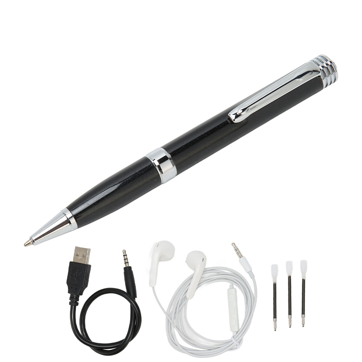 Schwarzer Stift mit USB, Kopfhörern und Zubehör.