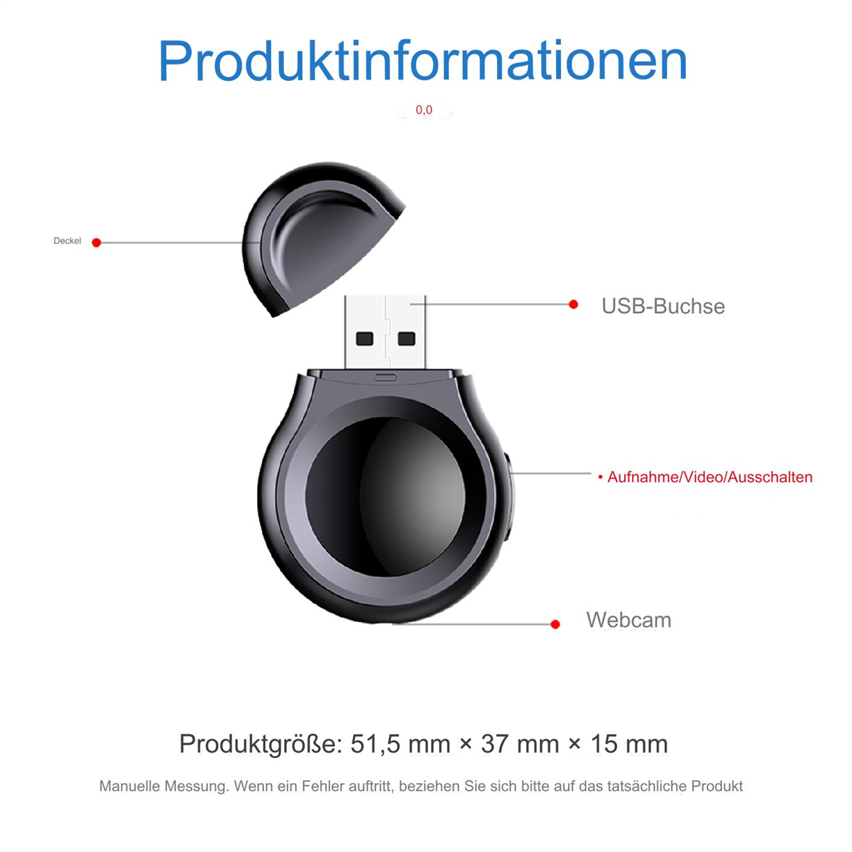 Schwarzes USB-Gerät mit abgenommener Kappe. Es verfügt über einen USB-Anschluss, eine Taste und eine Webcam.
