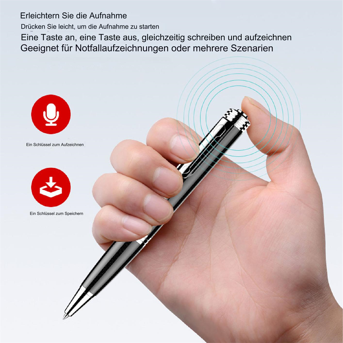 Hand, die ein stiftförmiges Aufnahmegerät hält. Symbole und Text, die die Funktionen des Geräts beschreiben.