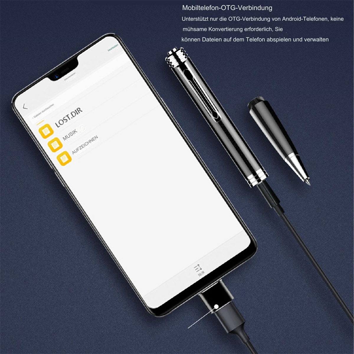Smartphone mit USB-C-Adapter verbunden, stiftähnliches Gerät und schwarzer Stift. Telefon zeigt Dateinamen an.