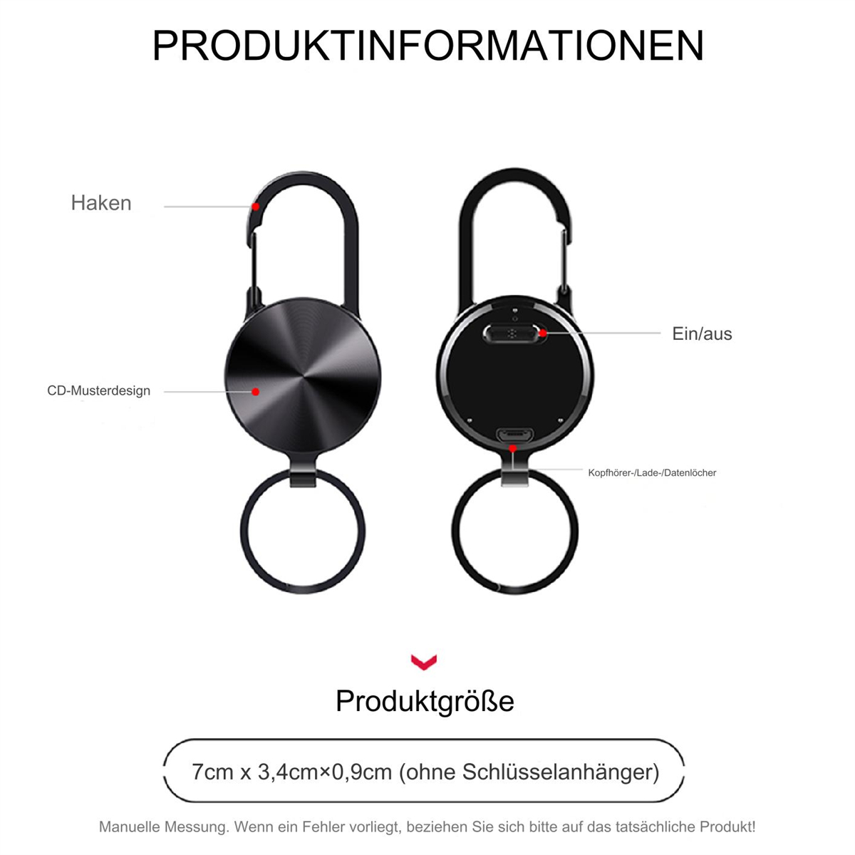Zwei Schlüsselanhänger. Der linke ist schwarz und rund. Der rechte ist auch schwarz und hat einen Knopf.