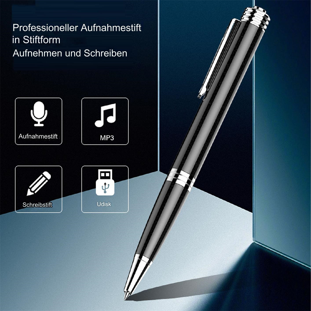 Schwarzer Stift mit silbernen Akzenten. Er hat Symbole für Schreiben, Aufnehmen, MP3 und einen USB-Stick.