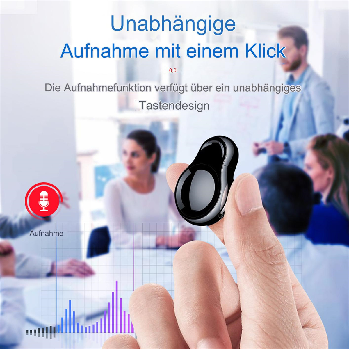Ein schwarzer Ohrhörer in der Hand, mit Diagrammen und Text zur Aufnahmequalität in einer Besprechung.