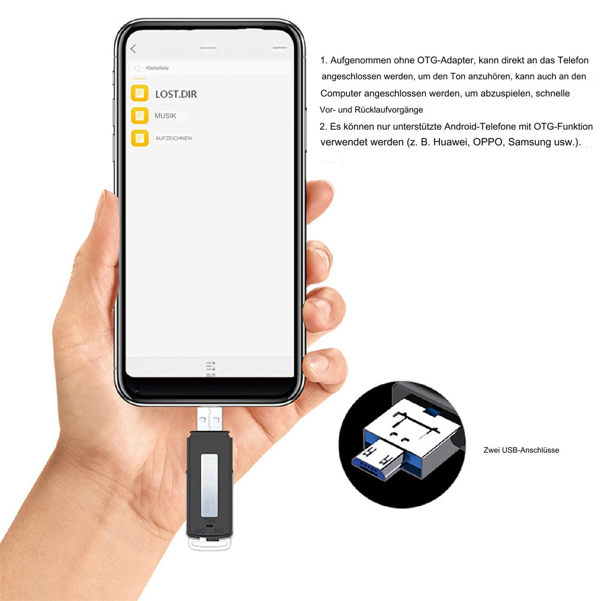 Eine Hand, die ein Telefon mit angeschlossenem USB-Adapter und einem sekundären USB-Adapter hält.
