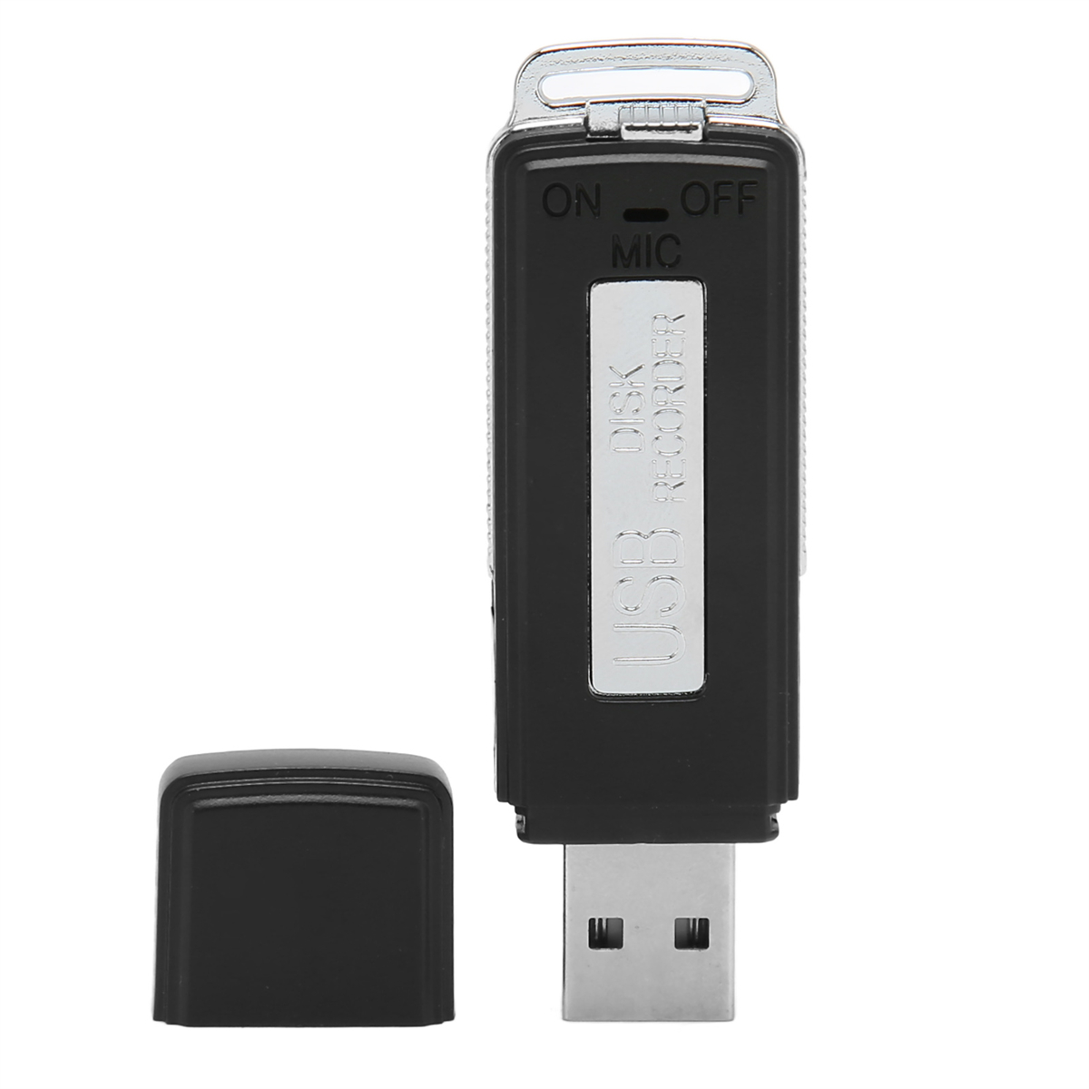 Schwarzer USB-Sprachrekorder mit geöffneter Kappe. Er hat einen 'ON-OFF'-Schalter.