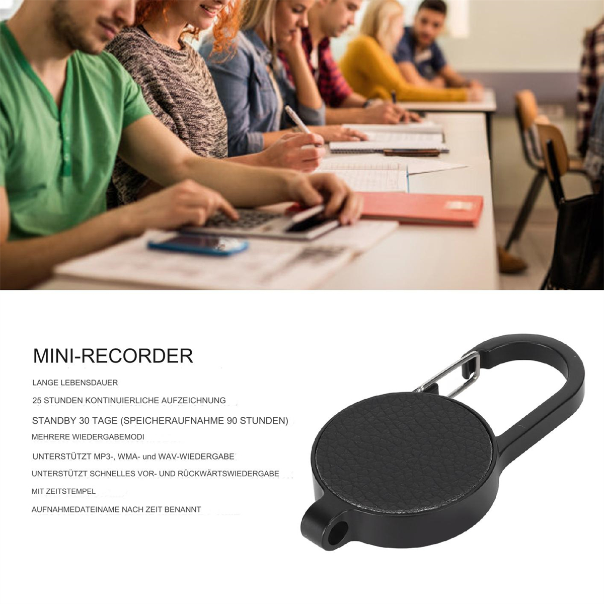 Ein Mini-Recorder mit Schlüsselring, neben einer Gruppe von Menschen, die in einem Klassenzimmer arbeiten.