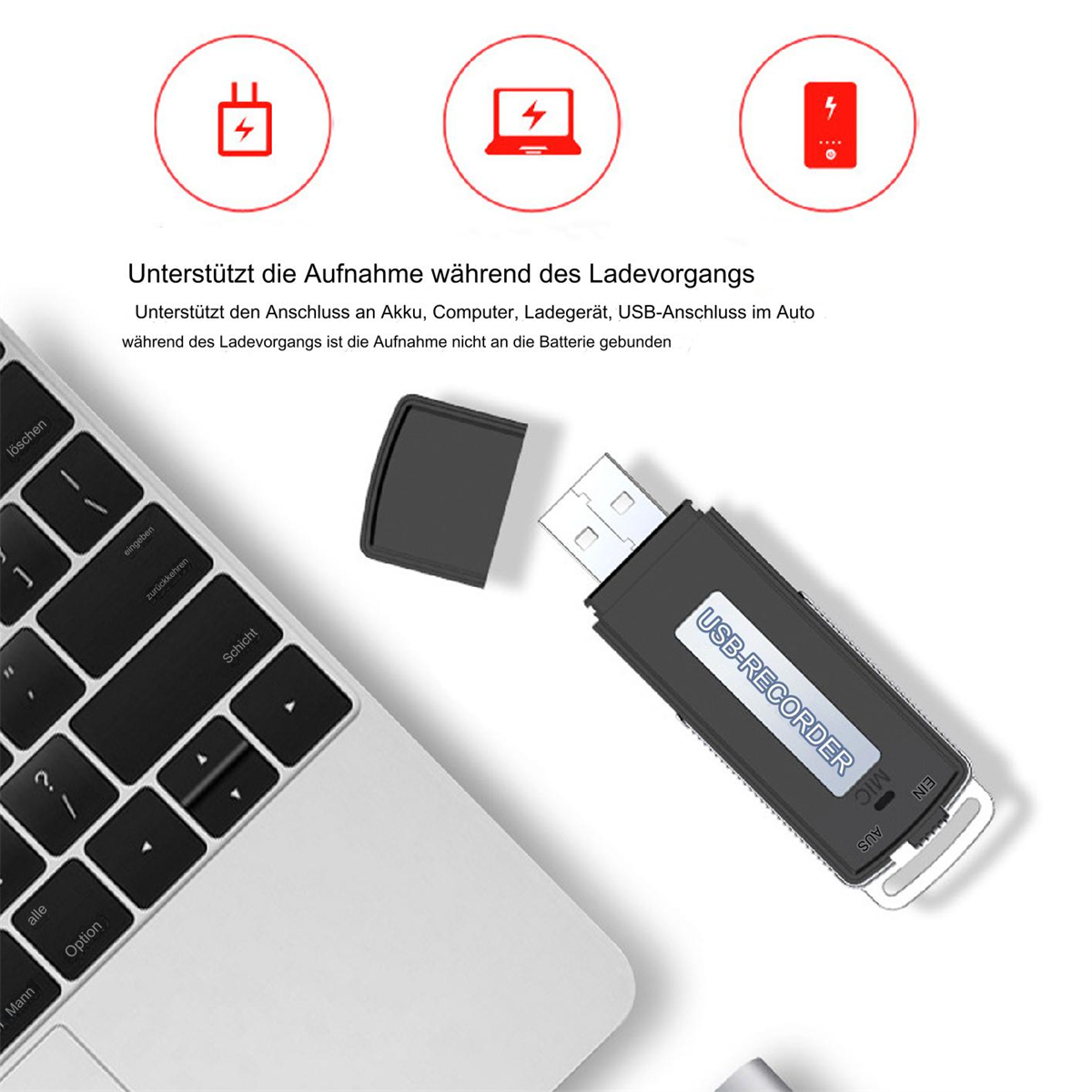 Ein USB-Rekorder liegt in der Nähe einer Laptop-Tastatur. Symbole weisen auf Ladeunterstützung und USB-Anschluss hin.