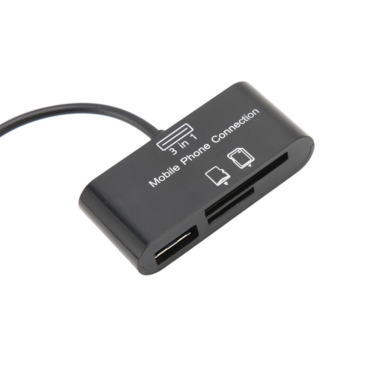 Schwarzes 3-in-1-Mobiltelefon-Verbindungsgerät mit USB- und SD-Kartensteckplätzen.