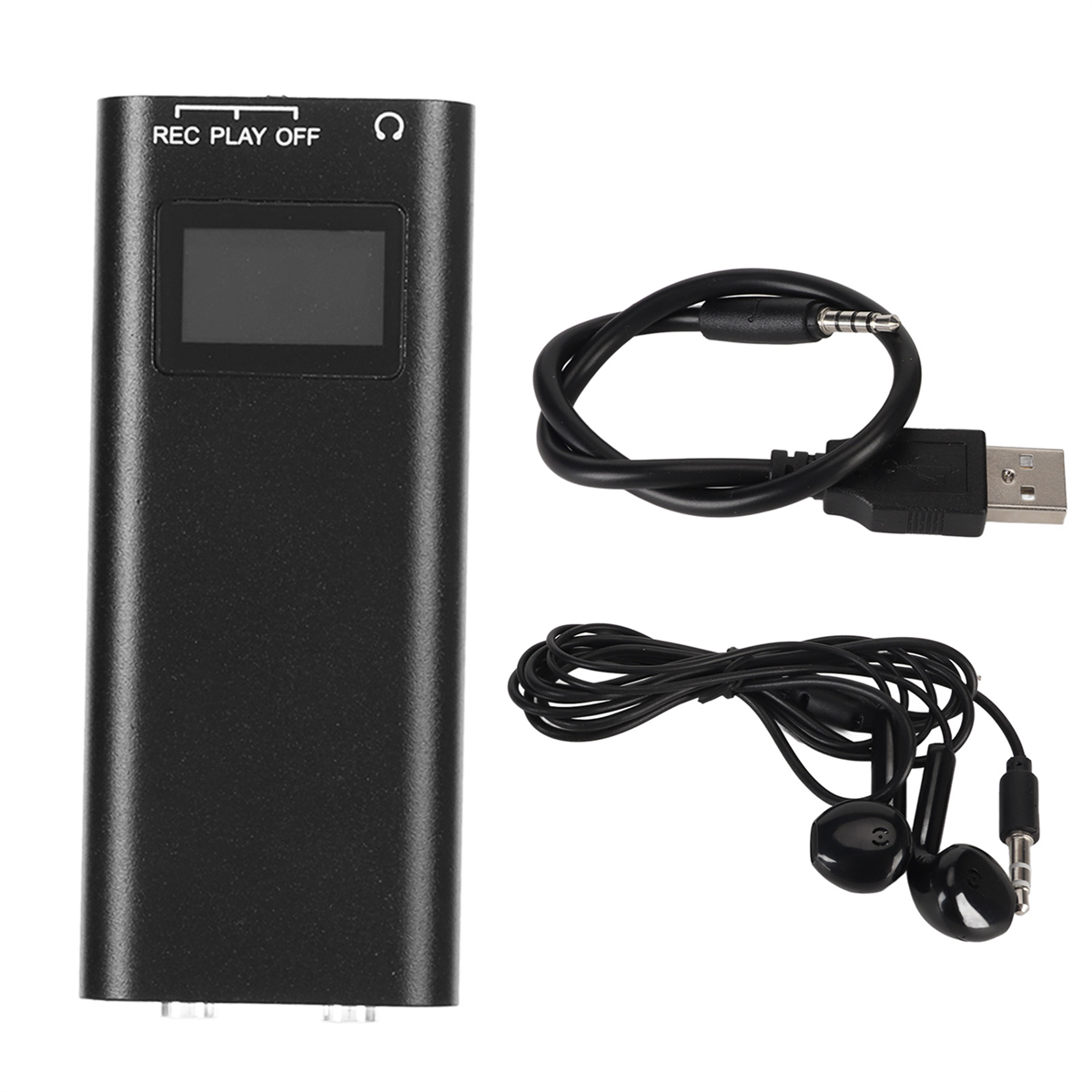 Schwarzes Aufnahmegerät mit Kopfhörern und einem USB-Kabel auf weißem Hintergrund. Nahaufnahme.