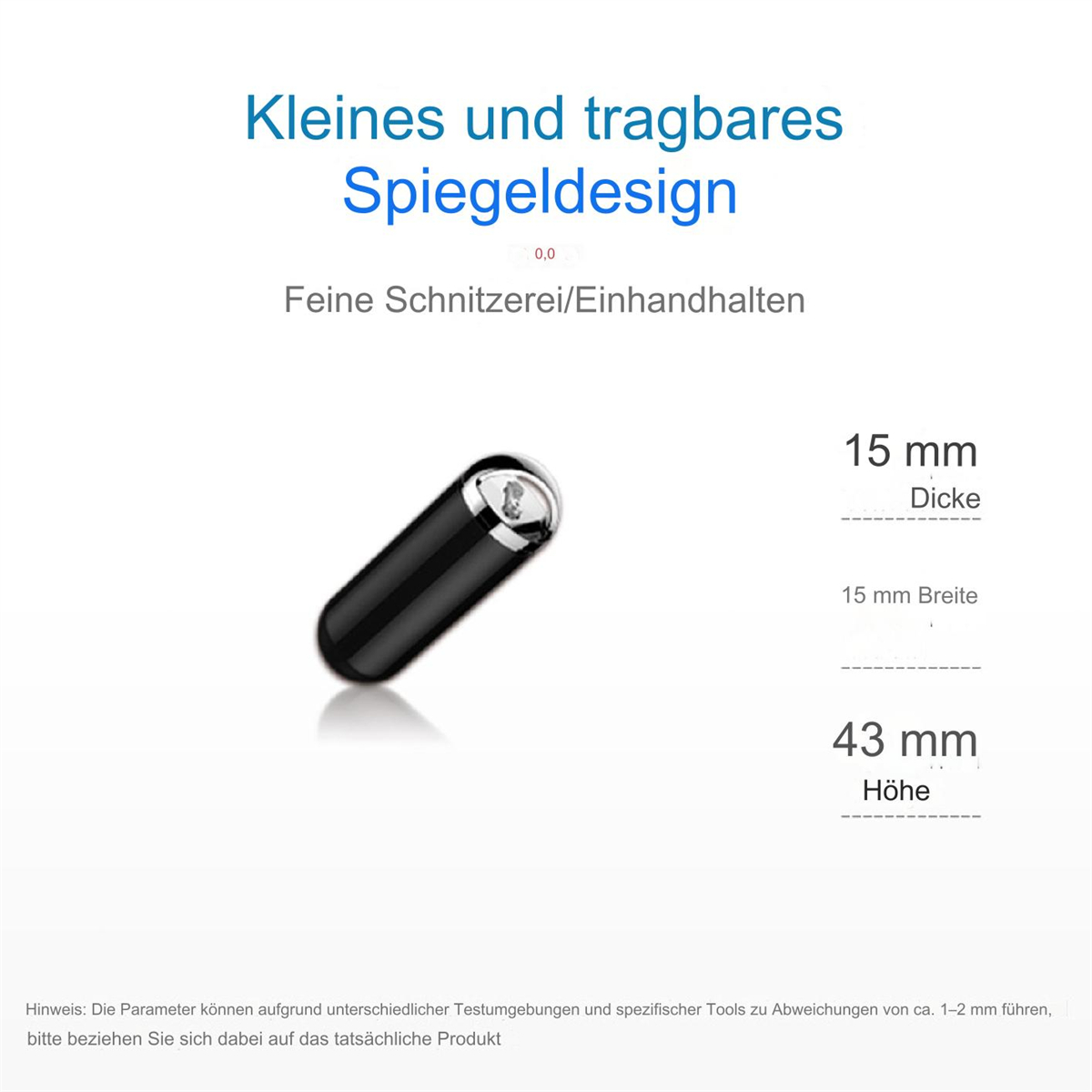 Ein kleines, schwarzes, zylindrisches Gerät mit nebenstehenden Maßen.