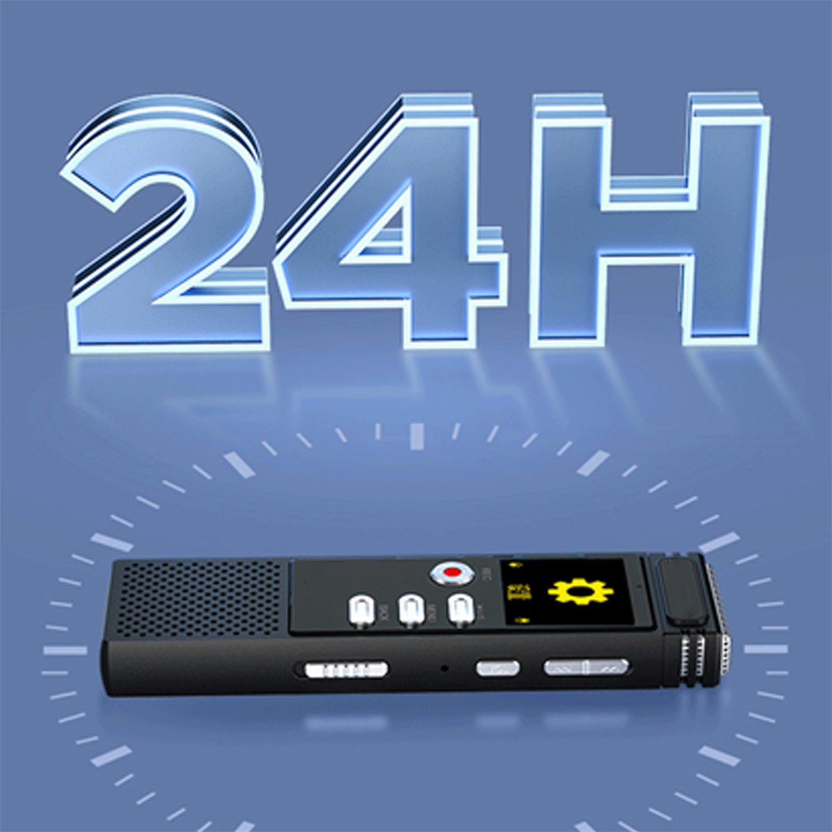 Ein schwarzer Rekorder mit Knöpfen, einem Bildschirm und einer Uhrgrafik, mit dem Text "24H" darüber.