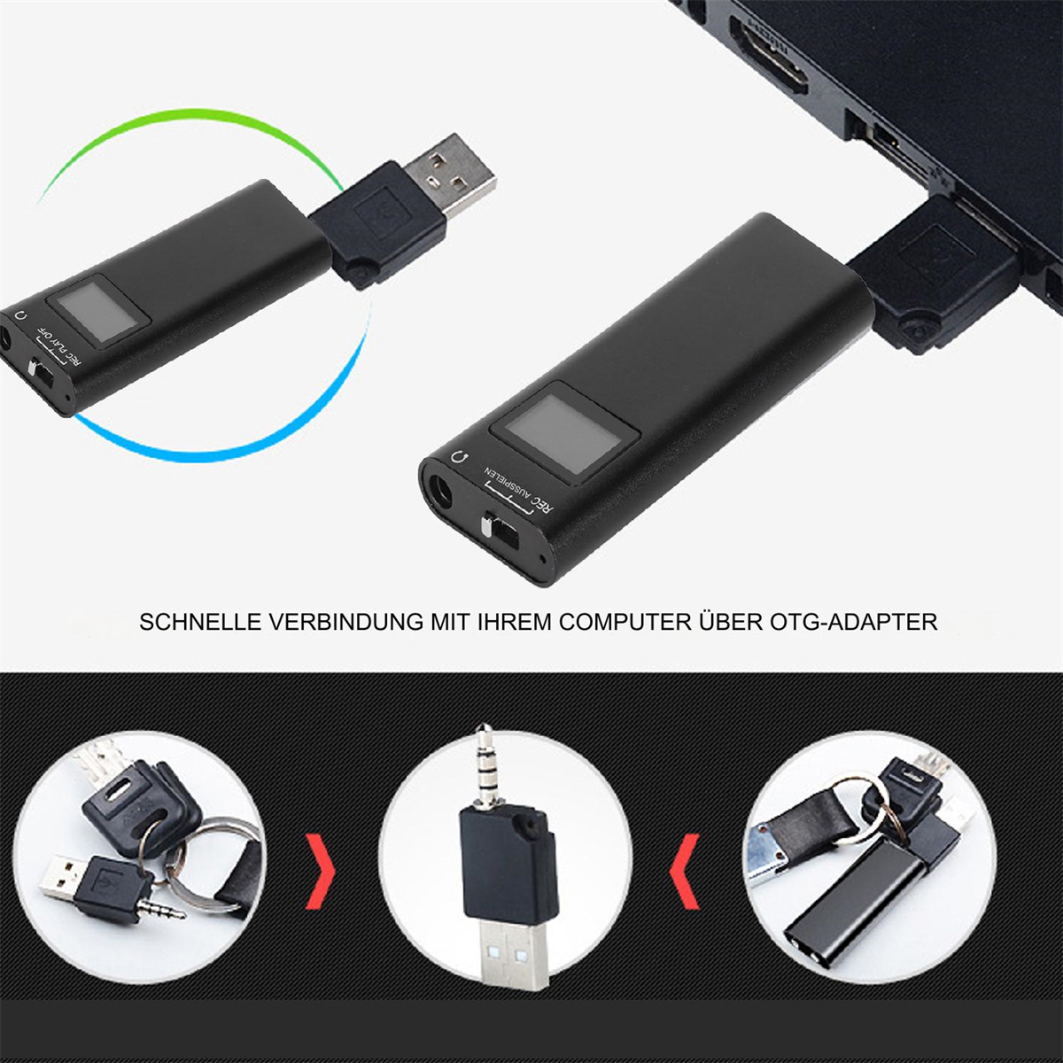 Schwarzer USB-OTG-Adapter mit kleinem Bildschirm und verschiedenen Anschlussspitzen.