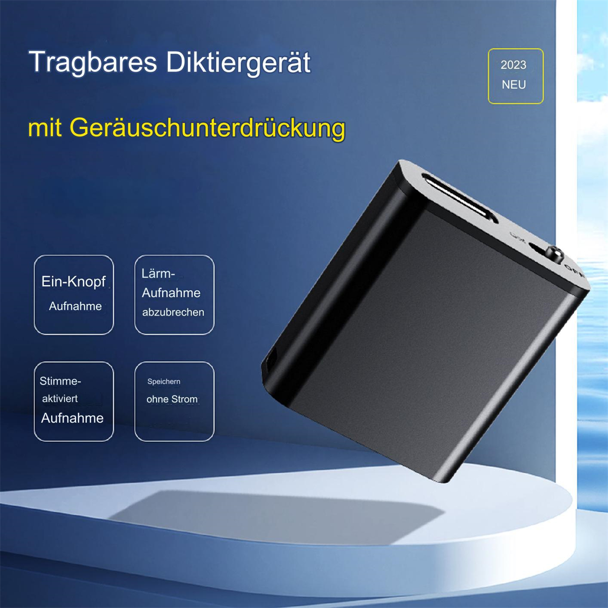 Schwarzes Aufnahmegerät mit Text. Zeigt Knöpfe und Funktionen.