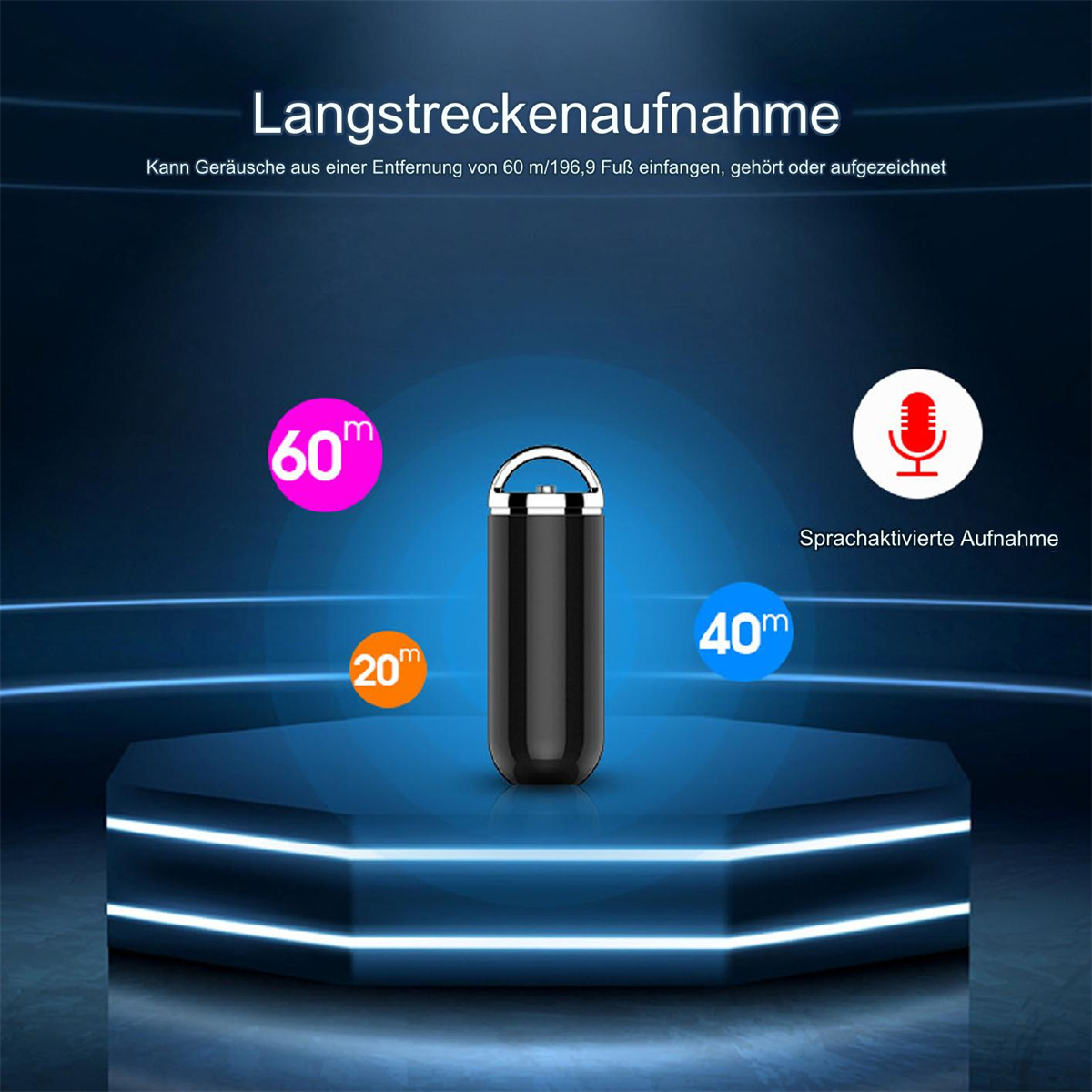 Ein schwarzes zylindrisches Gerät auf einer blauen Plattform mit Maßangaben. Das Gerät ist zum Aufnehmen.