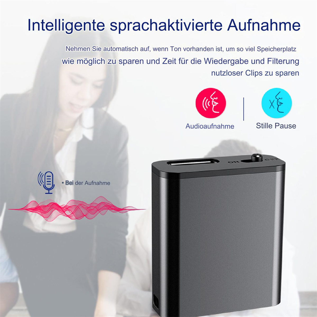 Ein schwarzes Aufnahmegerät mit Text über sprachaktivierte Aufnahme- und Pausenfunktionen.